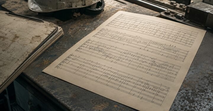 A sheet of dense musical notation on an industrial workshop desk beside a hard hat, unread