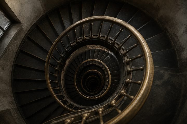 A brass spiral staircase seen from directly above, each turn tighter and darker as it descends into shadow