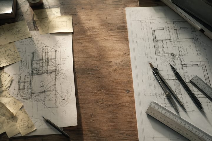 An architect's desk split in two: rough pencil sketches and sticky notes on the left, a precise measured blueprint with a compass and ruler on the right, bare wood between them