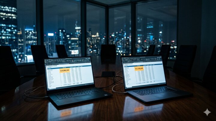 Two spreadsheets side by side showing different revenue figures calculated from the same source system.