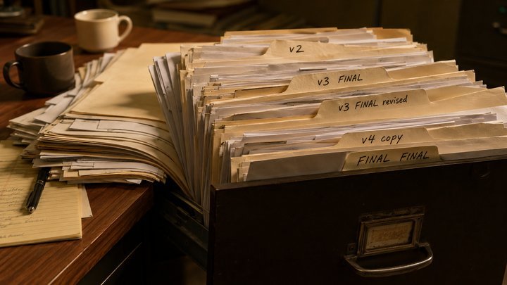 Stack of document folders labeled with different version numbers spilling from a filing cabinet drawer