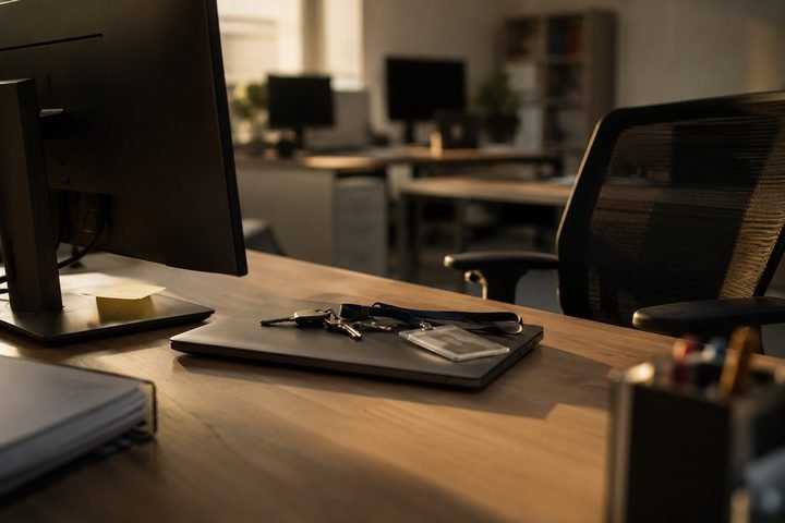 An access badge and keys resting on a closed laptop at an empty office desk, chair pushed back