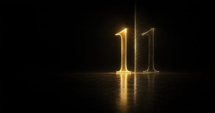Two glowing golden numeral ones on a dark reflective floor, the left one bright and fully lit, the right one faint and ghostly